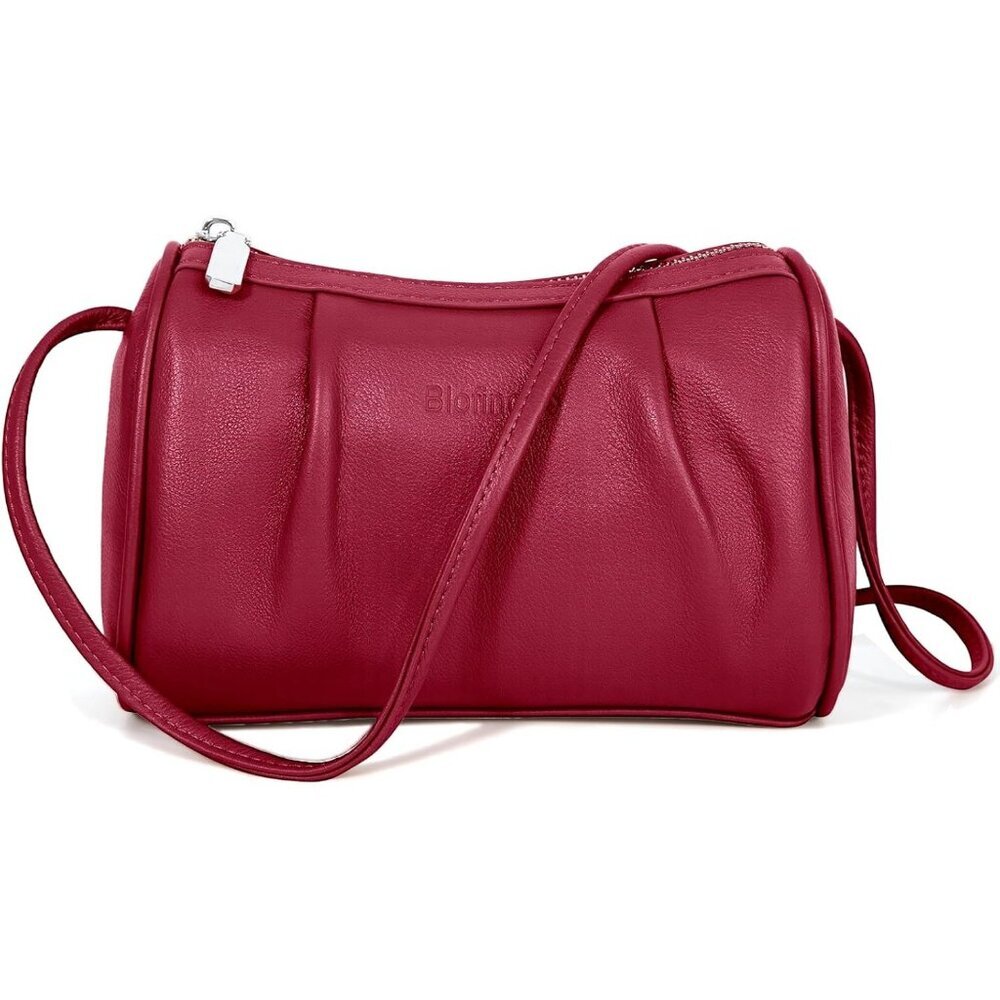 Women Red Leather Crossbody Bag Small Hobo Bag with Wrinkled Texture - Picture 1 of 8
